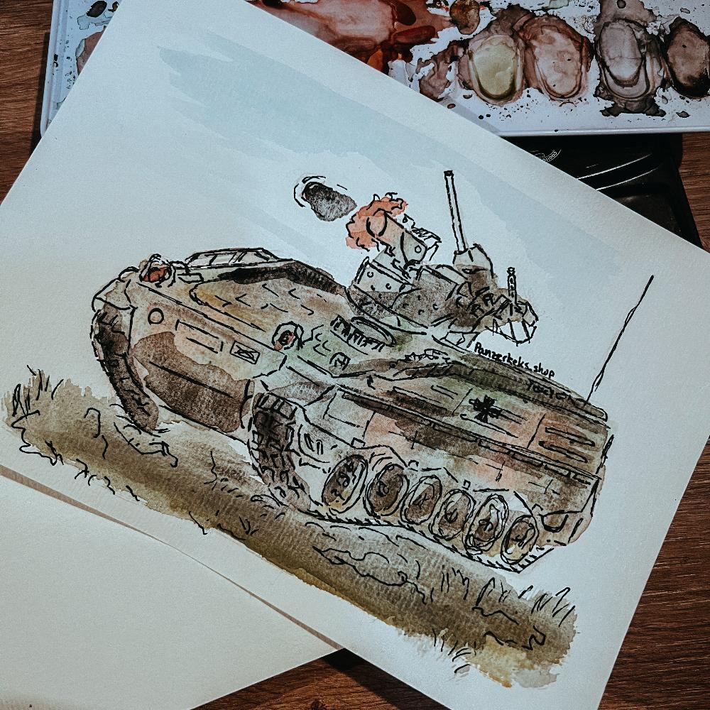 Handgemalte Aquarellkarte des SPz Marder der Bundeswehr